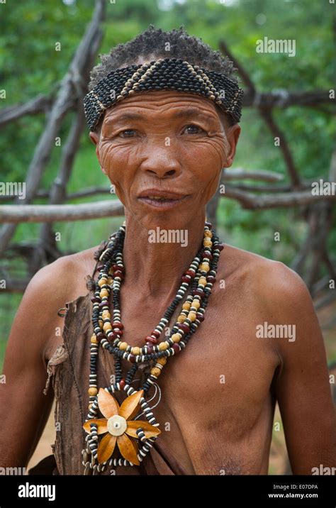 Bushman Woman With Beaded Traditional Headdress Tsumkwe Namibia Stock