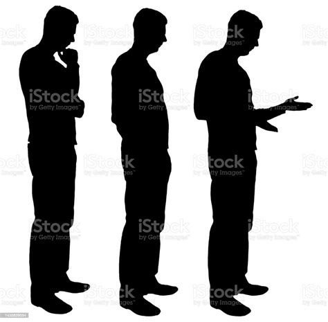 Vector Silhouette Of Three Business Men Standing In Profile Discussing