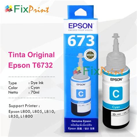 Tinta Epson Original 673 T6732 Cyan 70ml Tinta Refill Printer Epson