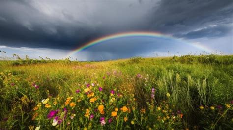 Premium AI Image | Rainbow over a field of flowers with a rainbow in ...