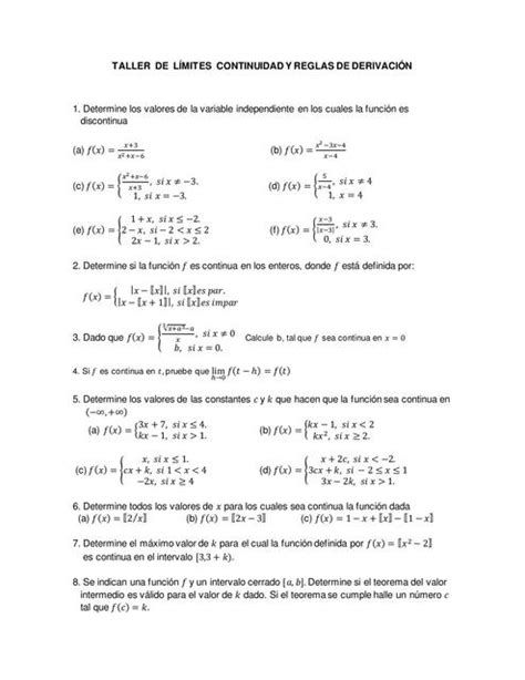 Taller de Límites Continuidad y Reglas de Derivación Laura María uDocz