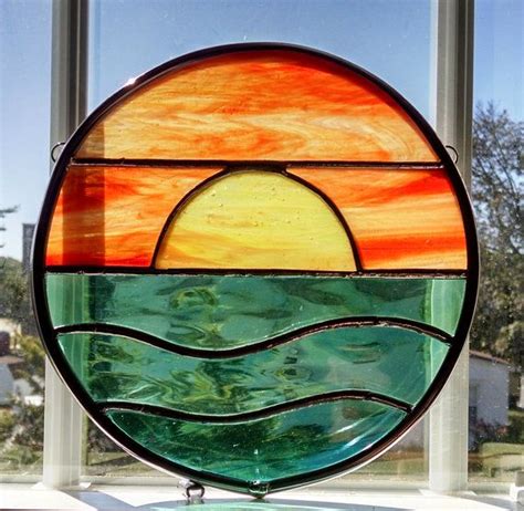 Sunset Stained Glass Window Panel Round Suncatcher Ocean Sunset