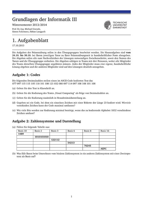 Uebung 01 WS 13 14 Übungsblatt Nr1 Grundlagen der Informatik III