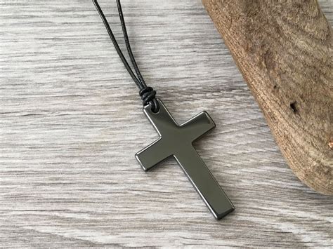 Large Hematite Cross Necklace Choose Between Black Leather Or Black