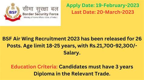 Bsf Air Wing Recruitment 2023 For 26 Posts Apply Online Easily