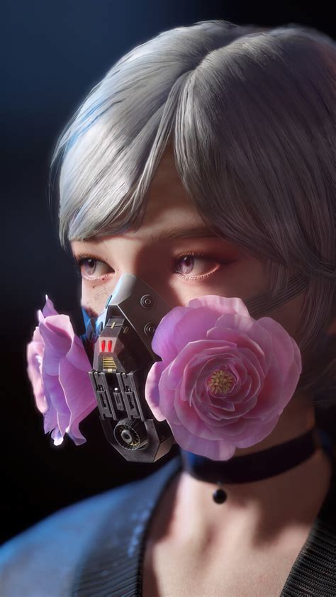 Cyberpunk Girls Flower Digital Art Gas Mask Hd Phone Wallpaper