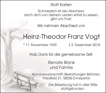 Traueranzeigen Von Heinz Theodor Franz Vogt Trauer In Nrw De