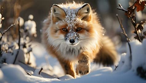 AI Generated Cute Red Fox Sitting In Snow Looking At Camera Generated