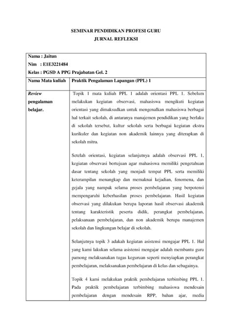 Jurnal Refleksi Jaitun PPL 1 SEMINAR PENDIDIKAN PROFESI GURU JURNAL