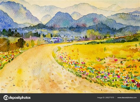 watercolor landscape painting  mountain  meadow stock