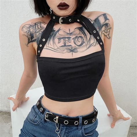 Backless Open Chest Faux Leather Buckle Collar Strap Crop Top Corbeau Clothing In 2020 Goth