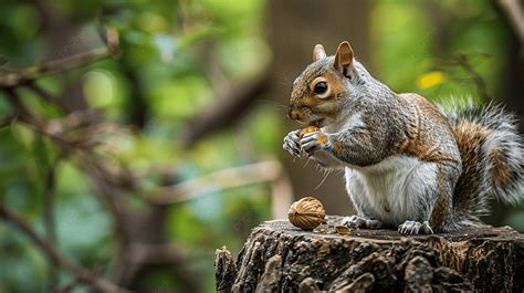 Squirrel Eating Walnut On Tree Stump Background Squirrel Animal