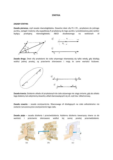 Statyka Notatki Statyka Zasady Statyki Zasada Pierwsza Czyli