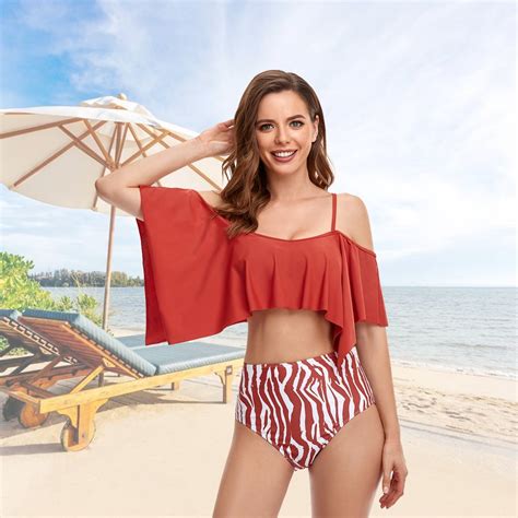 Topchances Women Falbala Bikini Set High Waisted Swimsuits Bottom