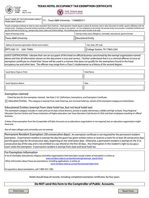 Texas Hotel Tax Exemption Form