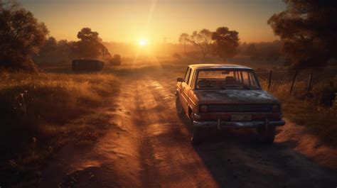 Um carro em uma estrada de terra o sol se pondo atrás dele Foto