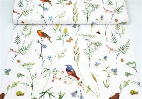 Botanical Cotton Fabric by the Yard, Birds Fabric, Cotton for Cushions ...