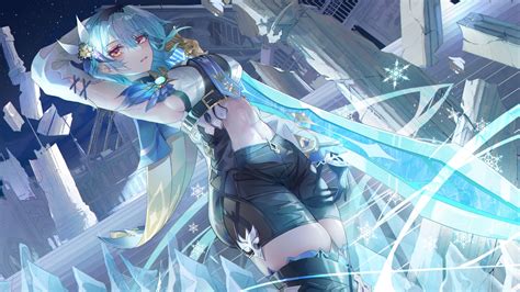 Aqua Hair Blush Breasts Eula Lawrence Genshin Impact Headband Magic