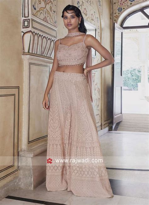 Designer Pink Georgette Palazzo And Crop Top Set