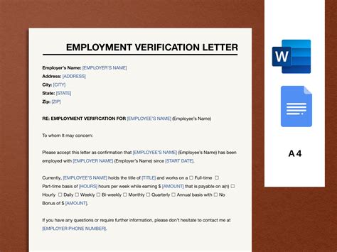 Simple Employment Verification Letter Template Word Employment Form Doc Editable Printable