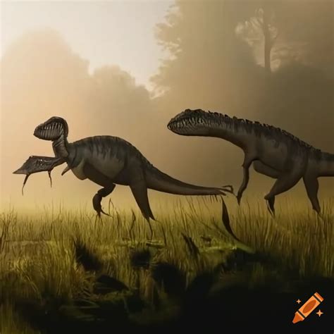 Detailed Artwork Of Two Baryonyx Dinosaurs In A Marshland With Storm