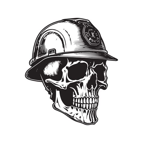 Skull Of Worker Wearing Hard Hat Vintage Logo Line Art Concept Black