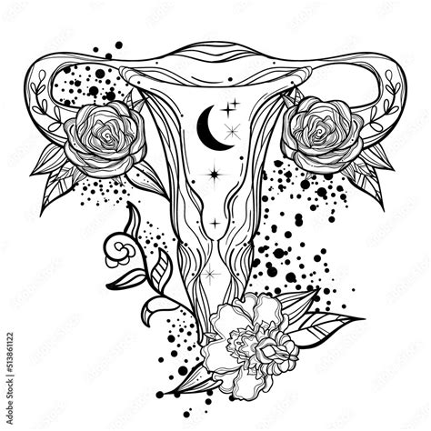 Anatomical Tattoo Art Print With Uterus Woman Power Vector De Stock