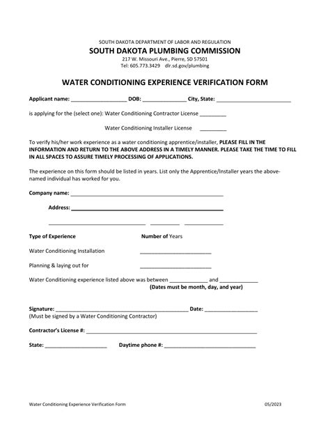 South Dakota Water Conditioning Experience Verification Form Fill Out Sign Online And