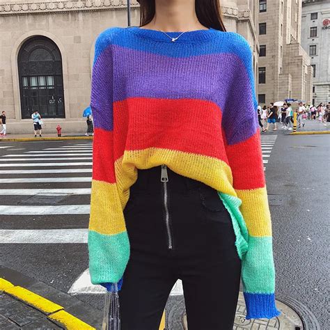 Women Autumn Fashion Rainbow Striped Sweaters Chic Loose Hit Color