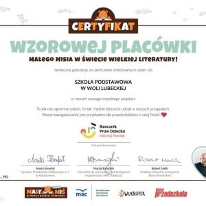 Certyfikat Wzorowej Plac Wki Projekt Ma Y Mi W Wiecie Wielkiej