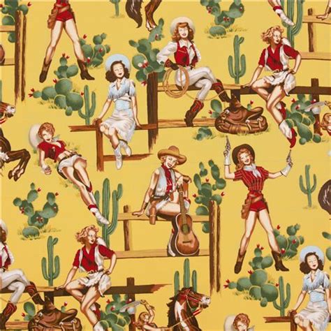 Rancher Girls Pistols From The Hip Cowboy Pin Up Yellow Fabric Alexander Henry Modes4u