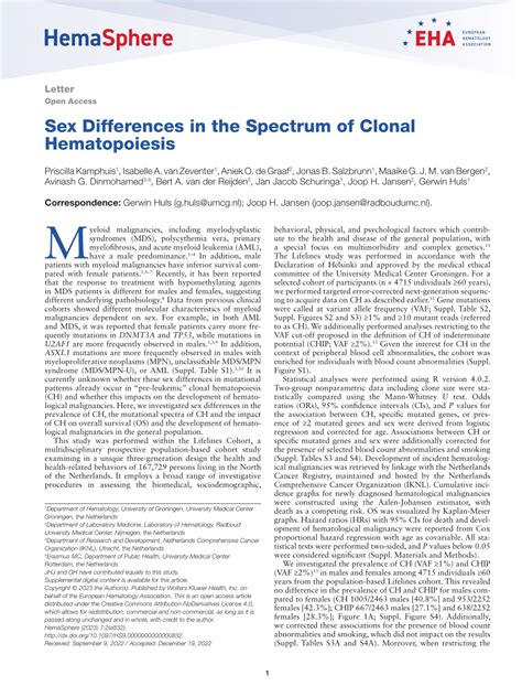 Pdf Sex Differences In The Spectrum Of Clonal Hematopoiesis