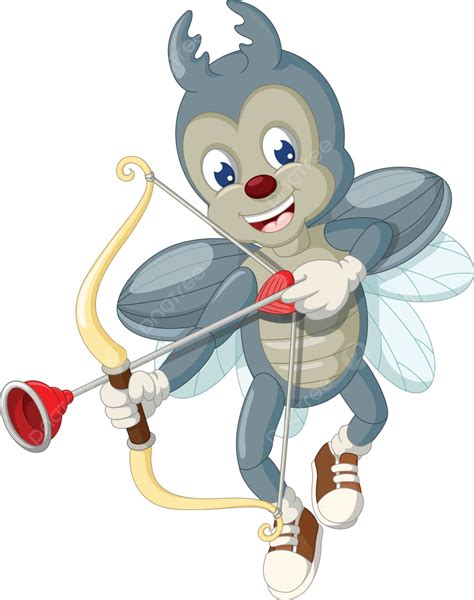 Cartoon Beetle Flying With Bow And Arrow In Grey Hue Vector, Fun
