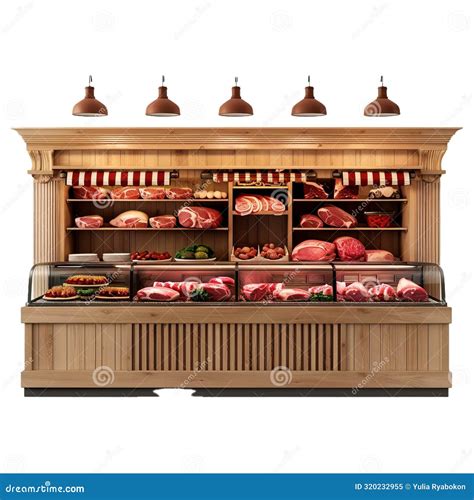 Vintagestyle Wooden Butcher Shop Counter Filled with Fresh Cuts of Meat