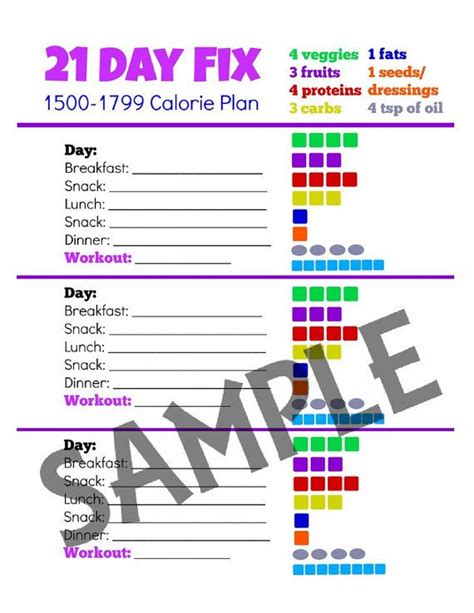 1500 1799 Calorie Tracker 21 Day Fix Portion Control Diet Diet Planner