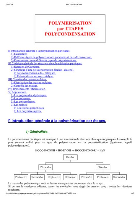 Polycondensation Polymerisation Par Etapes Polycondensation I