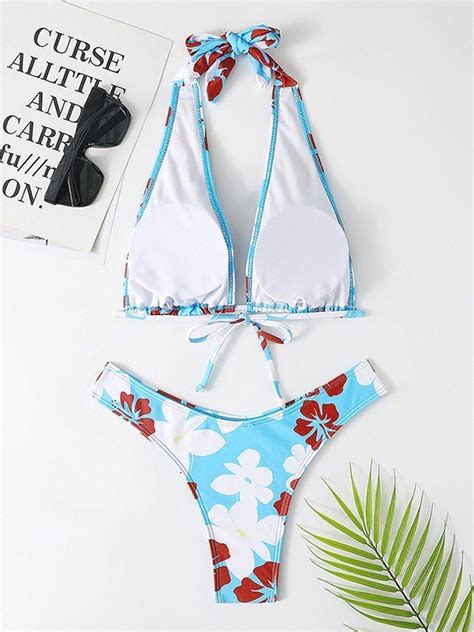 Emmiol Free Shipping Hibiscus Floral Print Bikini Set Blue M In