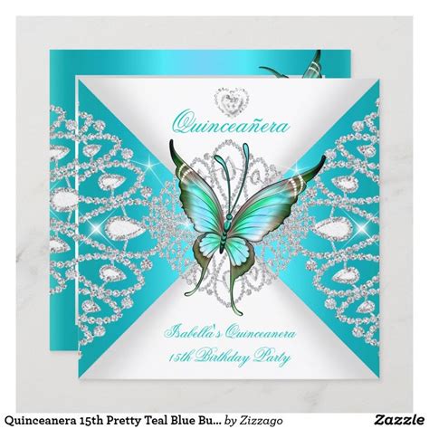 Quinceanera Th Pretty Teal Blue Butterfly Tiara Invitation Zazzle