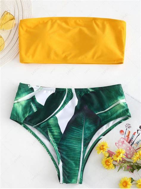 32 OFF 2021 Palm Leaf Strapless High Cut Bikini Set In RUBBER DUCKY