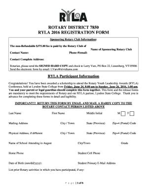 Fillable Online ROTARY DISTRICT 7850 RYLA REGISTRATION BFORMb B4b PAGES