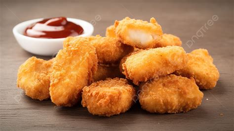 Chicken Nuggets And Ketchup On A Brown Table Background Chicken