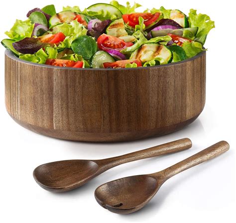 Miusco Natural Acacia Wooden Large Salad Serving Bowl With Tongs Set 12 Inch 200