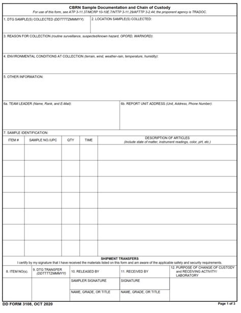 DD Form 3108 CBRN Sample Documentation And Chain Of Custody DD Forms