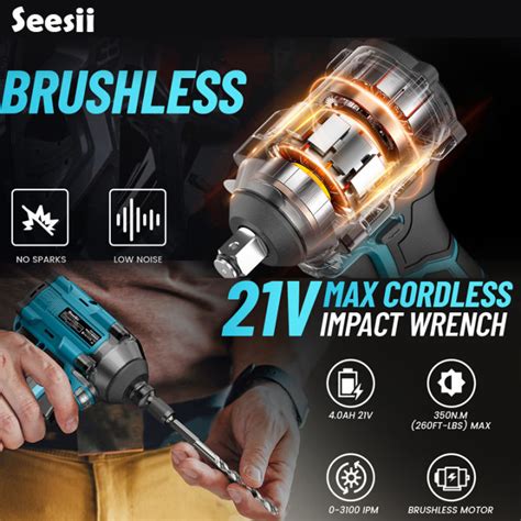 SEESII 21V Brushless Cordless Impact Electric Wrench 350N M LED Display