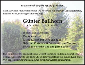 Traueranzeigen Von G Nter Ballhorn Trauer Nordkurier