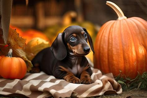 Premium Photo In The Garden There Is A Dachshund Puppy And Pumpkins