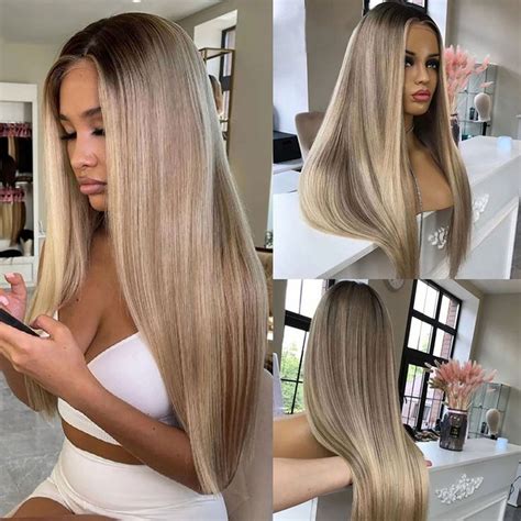 Ombre Ash Blonde Highlights Human Hair Wigs With Dark Roots Ash