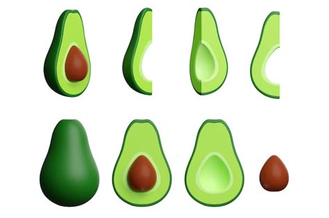 Conjunto De Aguacate Verde 3d De Rebanada Entera Cortada A La Mitad Con