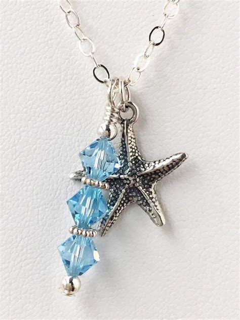 Starfish Charm Necklace Aqua Blue Crystal Necklace Sterling Silver