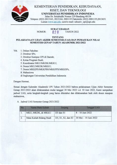 Edaran Ujian Akhir Semester Uas Dan Pemasukan Nilai Semester Genap Tahun Akademik 20212022 Upi